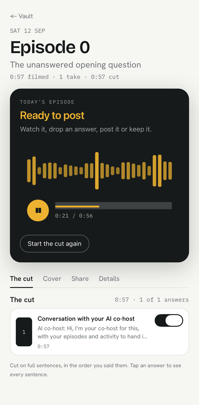 The app showing a finished episode, ready to post