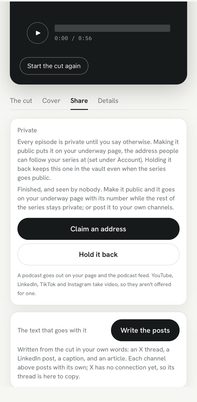 The app's Share screen for an episode: private, Claim an address, Hold it back