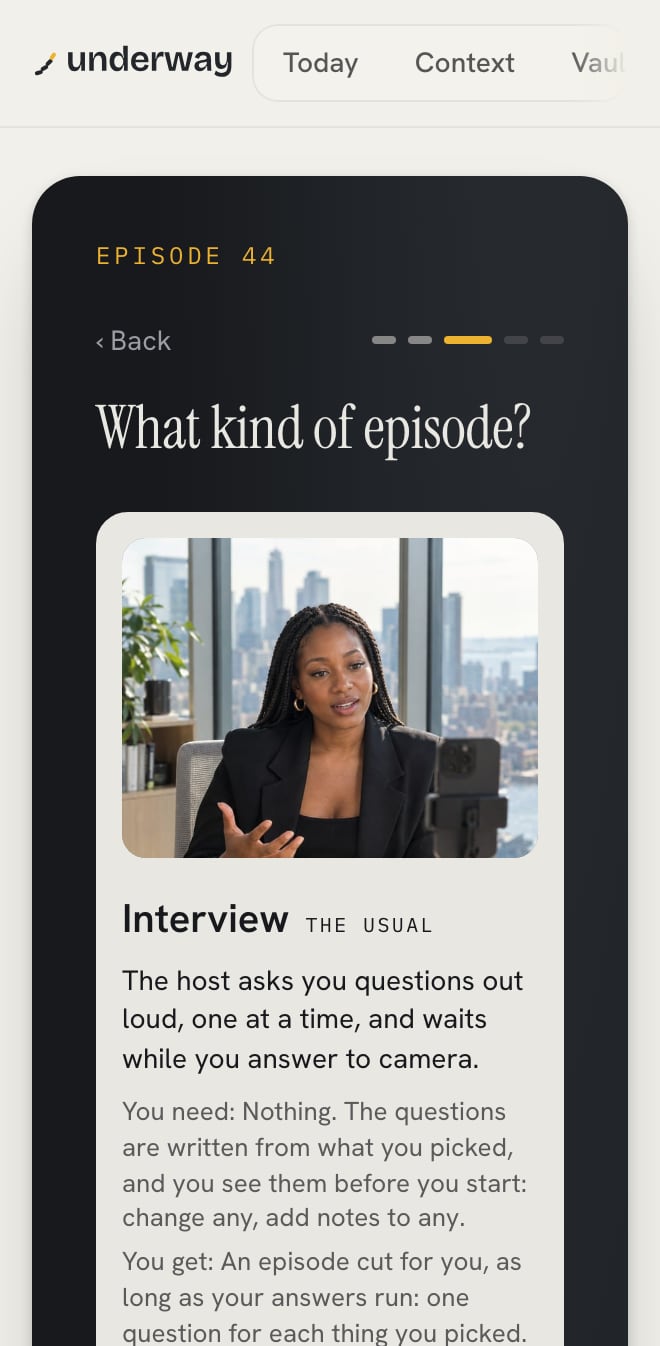 Setting up an episode: What kind of episode?, the Interview card lit and marked the usual