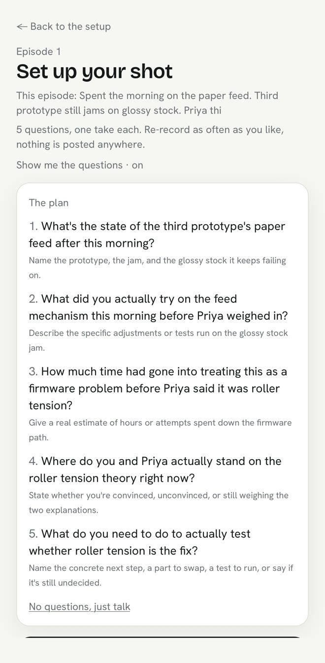 The app showing the questions it wrote from the day, asked one at a time