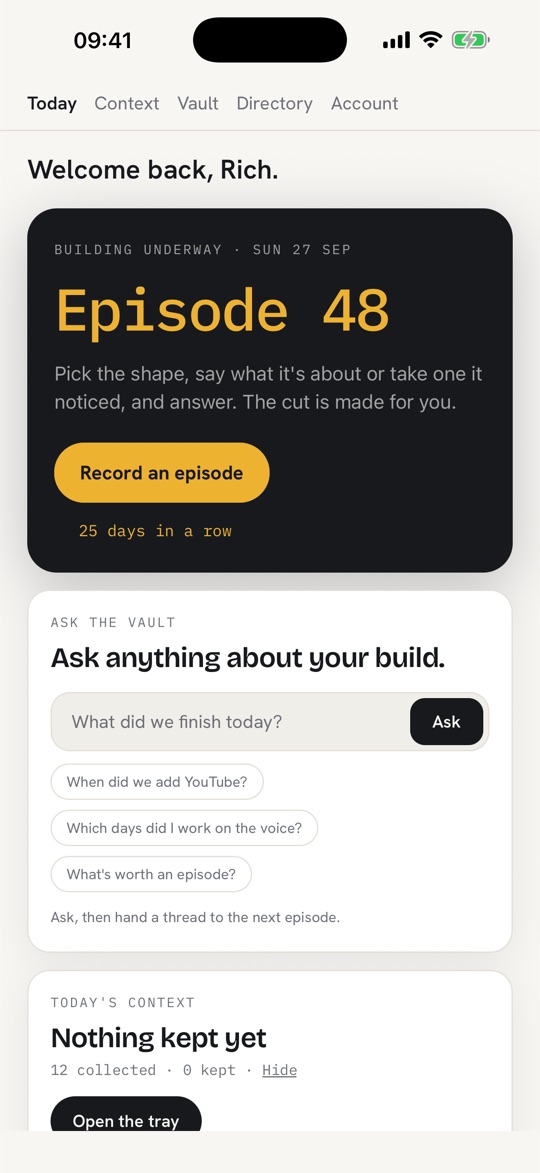 Today on the iPhone app: episode 48 of Building Underway, 25 days in a row, and Record an episode