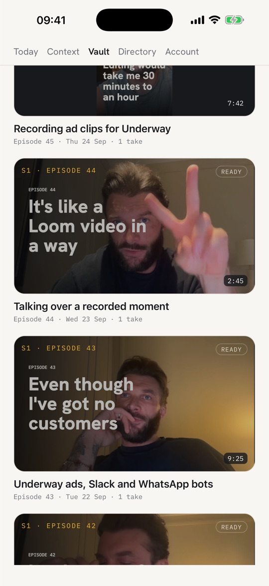 The vault on the iPhone app: episodes 44 and 43, each with its cover, name and date