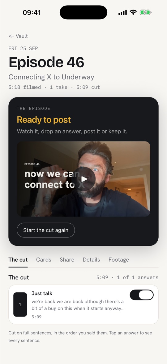 Episode 46 on the iPhone app, ready to post, with the video underneath