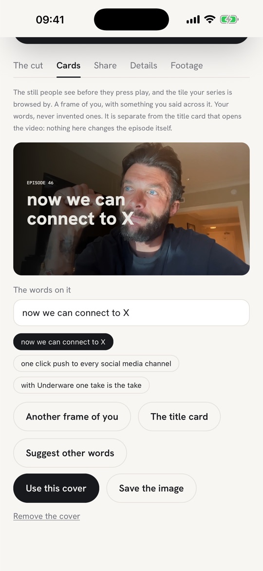 The cover of episode 46 on the iPhone app, with the founder's own words across it