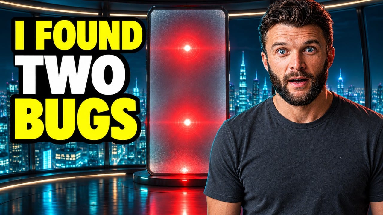 A YouTube thumbnail: the founder looking surprised beside a glowing panel with two red warning lights, with the words I found two bugs