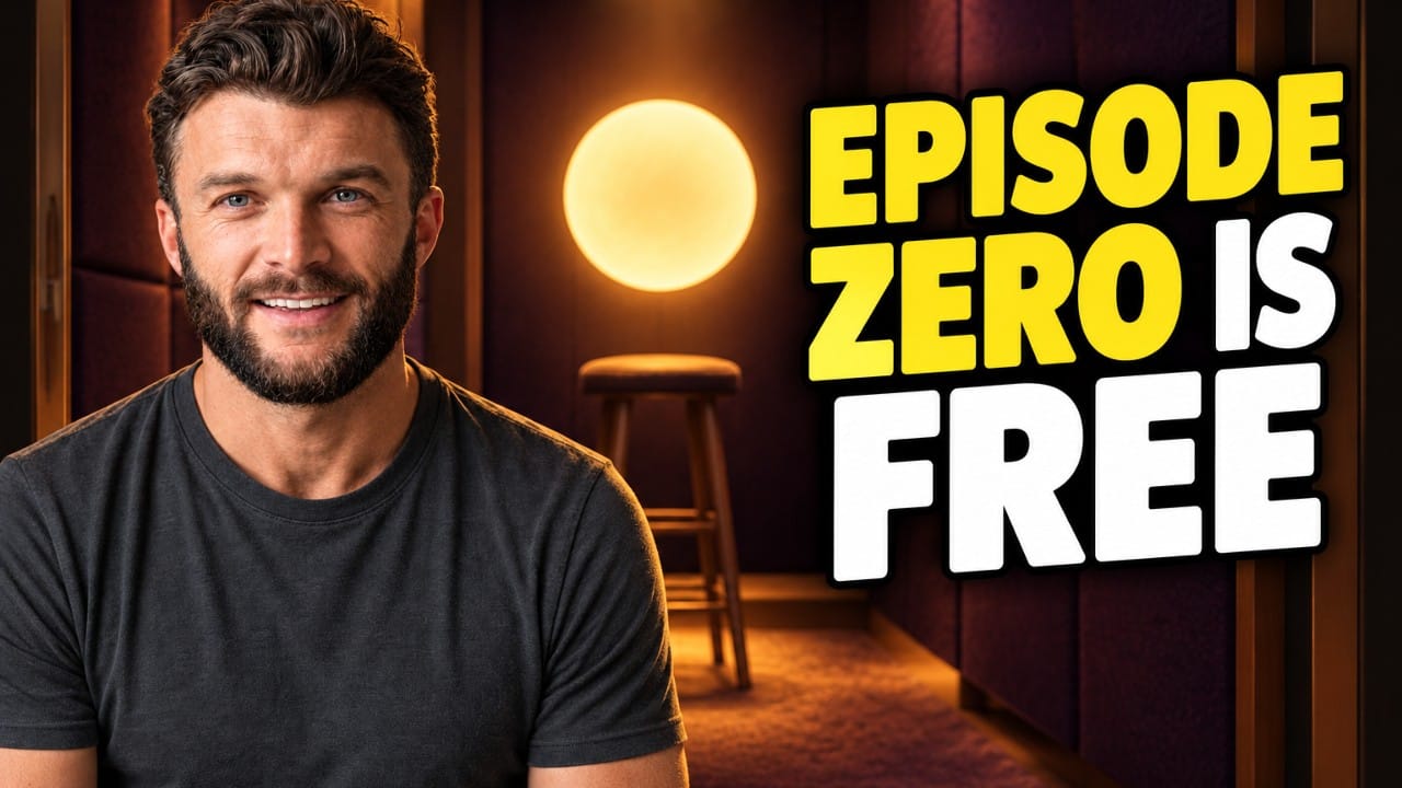 A YouTube thumbnail: the founder smiling in a warm studio beside a lit lamp, with the words Episode zero is free